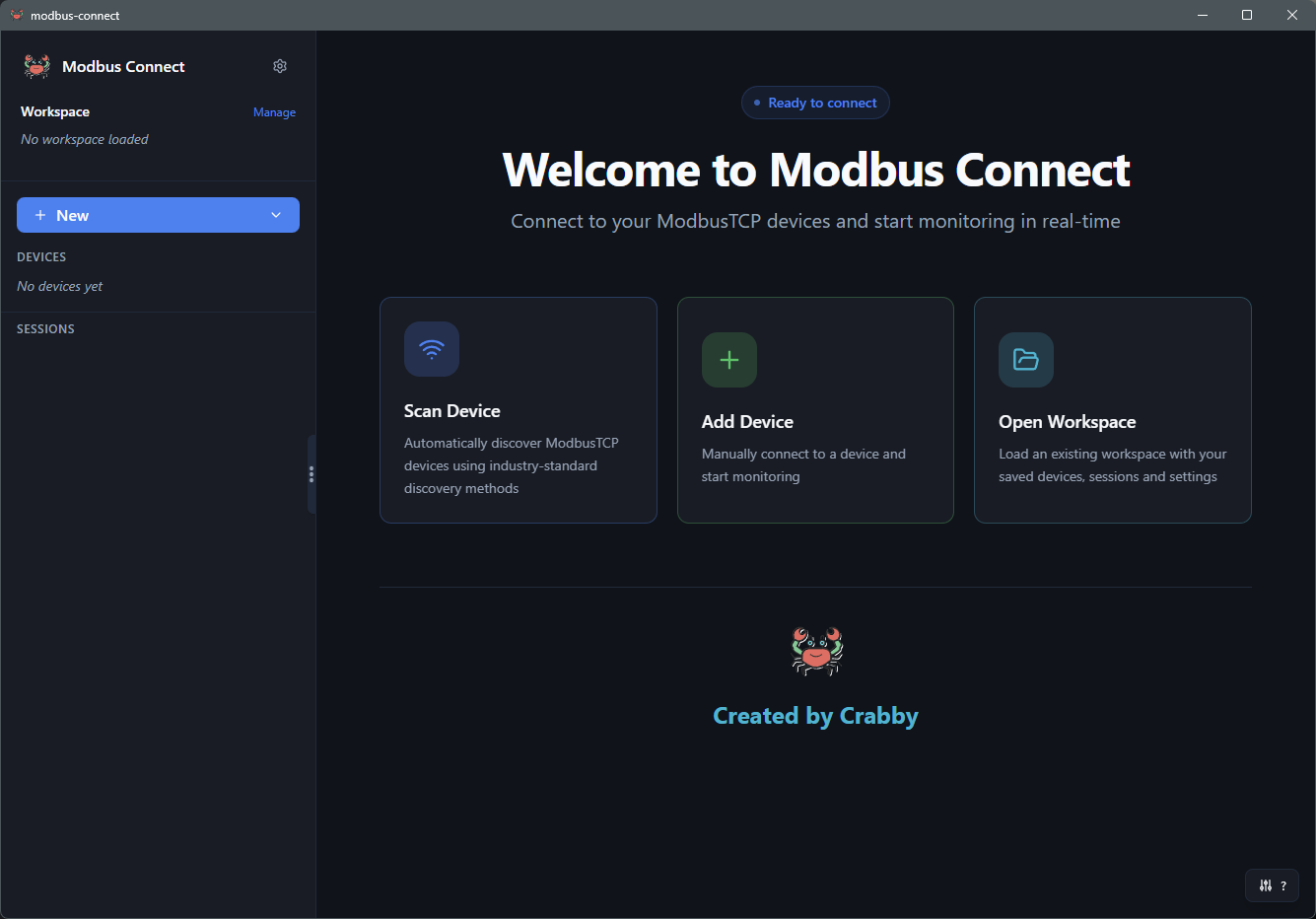 Modbus Connect Main Dashboard - Device list, monitoring sessions, and real-time data